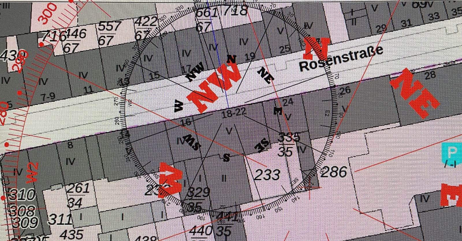 Feng Shui analysis with city map, compass and directions
